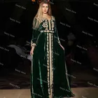 Винтажные зеленые бархатные вечерние платья-кафтан с длинным рукавом, бусинами и золотыми аппликациями, марокканские мусульманские платья для выпускного вечера, 2021, вечернее платье