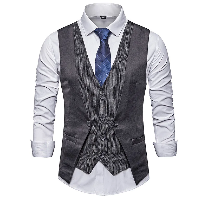 

Qiu dong new style European code man fashionable individual character splices false two single row button leisure waistcoat