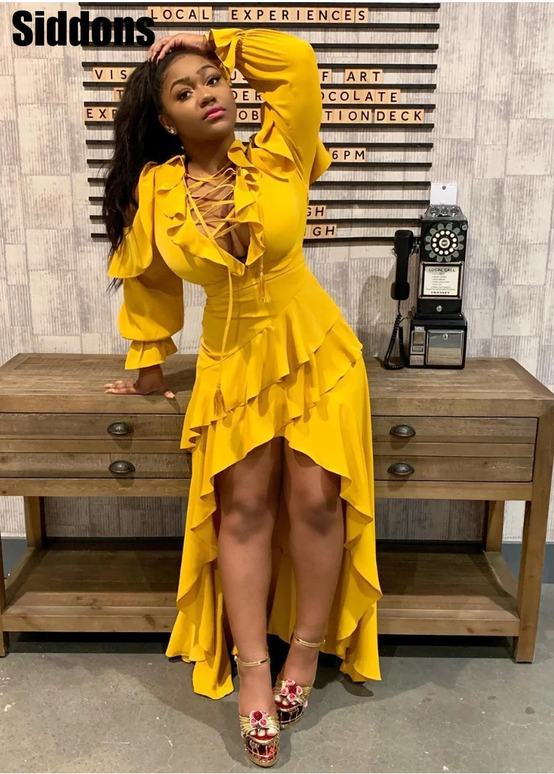 

Sexy Women Long Sleeve Cascading Ruffle Design Asymmetrical Hem Maxi Dress Vestido