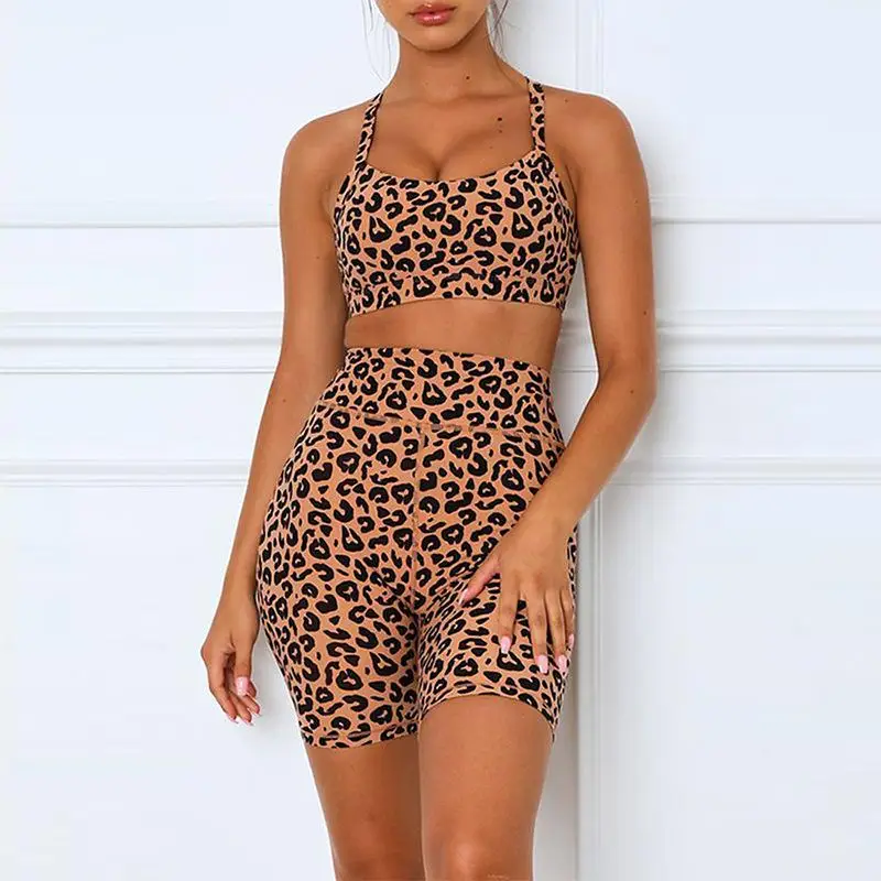 

Women's Casual Sports Leopard Print 2 Two-Piece Set Sleeveless Tight Top High Waist Stretch Bodycon Skinny Slim Short Sets