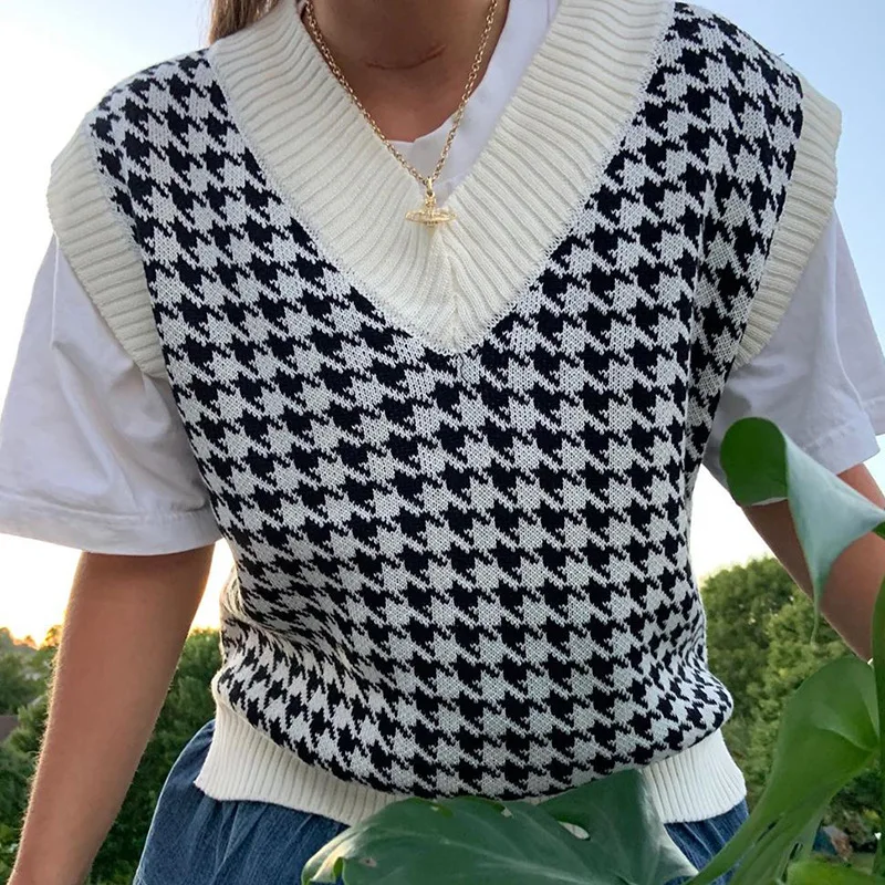 

Autumn New Vintage sweater vests 2020 loose thousand bird Plaid V-neck knit waistcoat sweater vest female sweater High Street