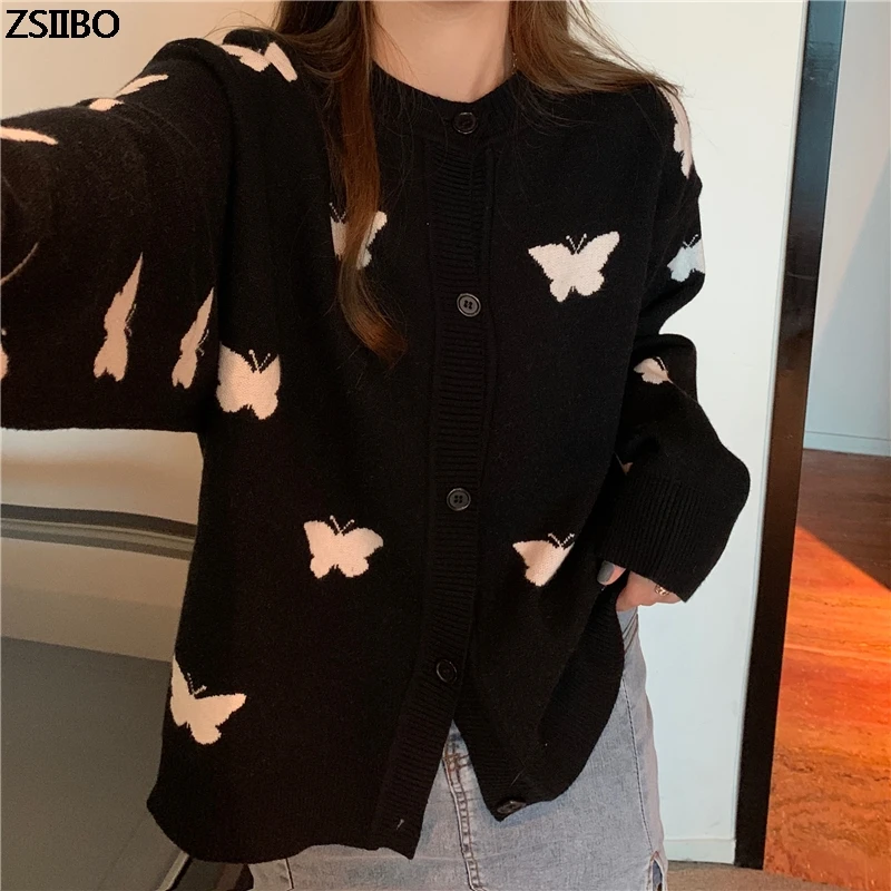

Autumn Winter Knitted Female Cardigan Loose Streetwear Knit Sweater Coat Cute Cartoon Print y2k knitted cardigan Women Jacket