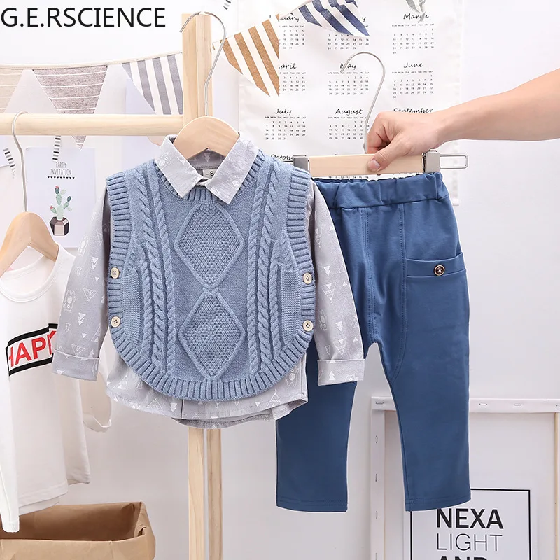 

2021 spring and autumn casual children's clothing suit cotton boy long-sleeved shirt sweater vest trousers 3 pieces