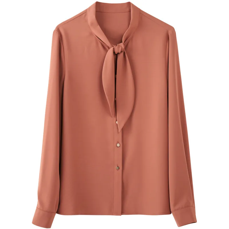 

New spring OL temperament straight pure color design feeling bowknot niche chiffon women long sleeve shirt