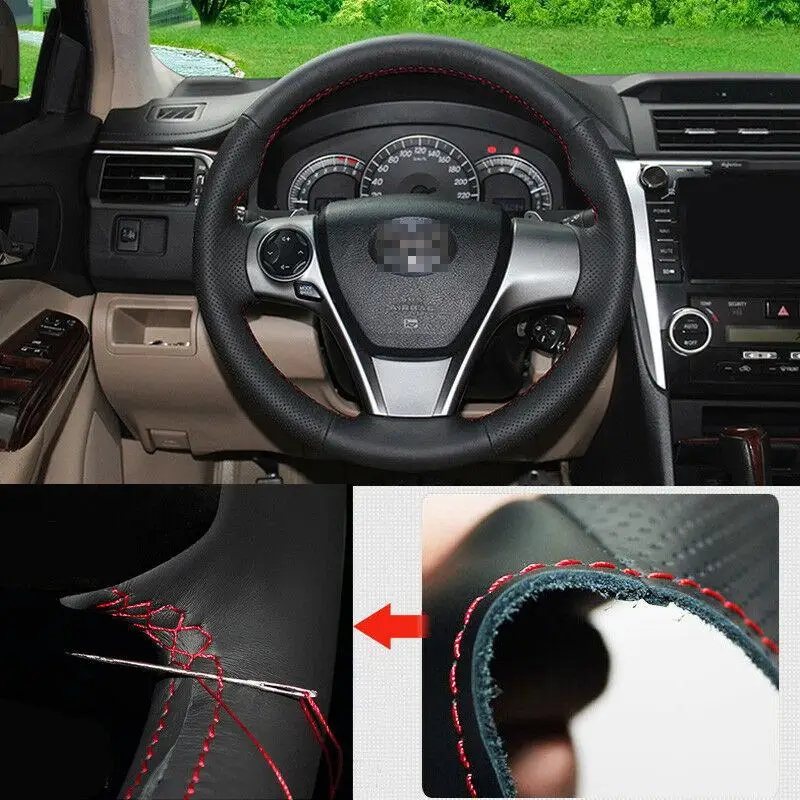

Чехол на руль для Toyota Camry 2012, нескользящий, прошитый вручную, из черной кожи