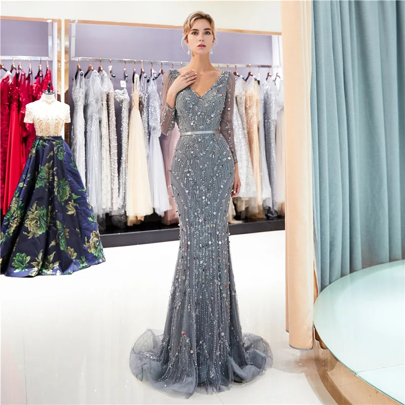 

Gray Evening Dresses 2020 Long Sleeves Stunning Beaded Crystals Woman Formal Occasion Wear Sequins Lace Mermaid Prom Party Gowns