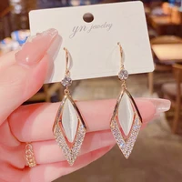 2021 silver needle pave diamond studded geometric opal ear hook the same fashion wild and thin earrings women exquisite jewelry