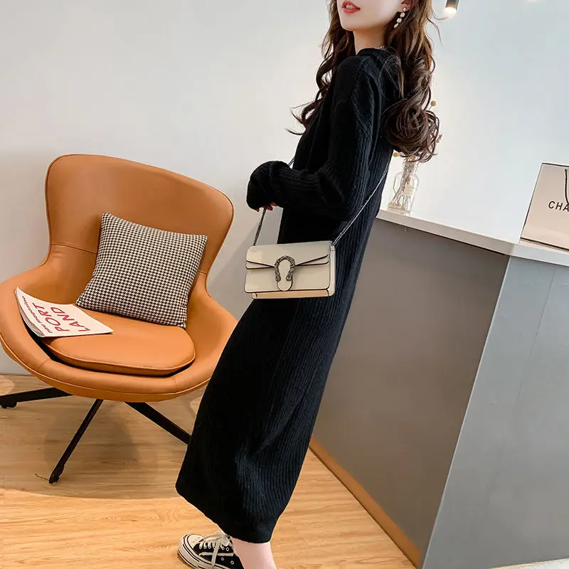 

Women's Dress Sweater Dresses Winter 2021 Autumn Clothes Long Over The Knee New Fashion All-match Loose Hooded Knitted Women