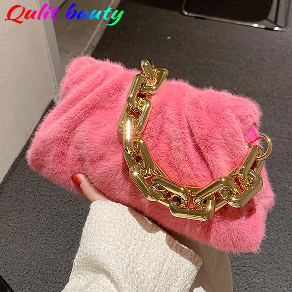 

Top Quality Women's Fashion Shoulder Bag Cute Soft Rabbit Fur Handbag for Women 2021 Winter New Thick Chain Female Clutch Bolso