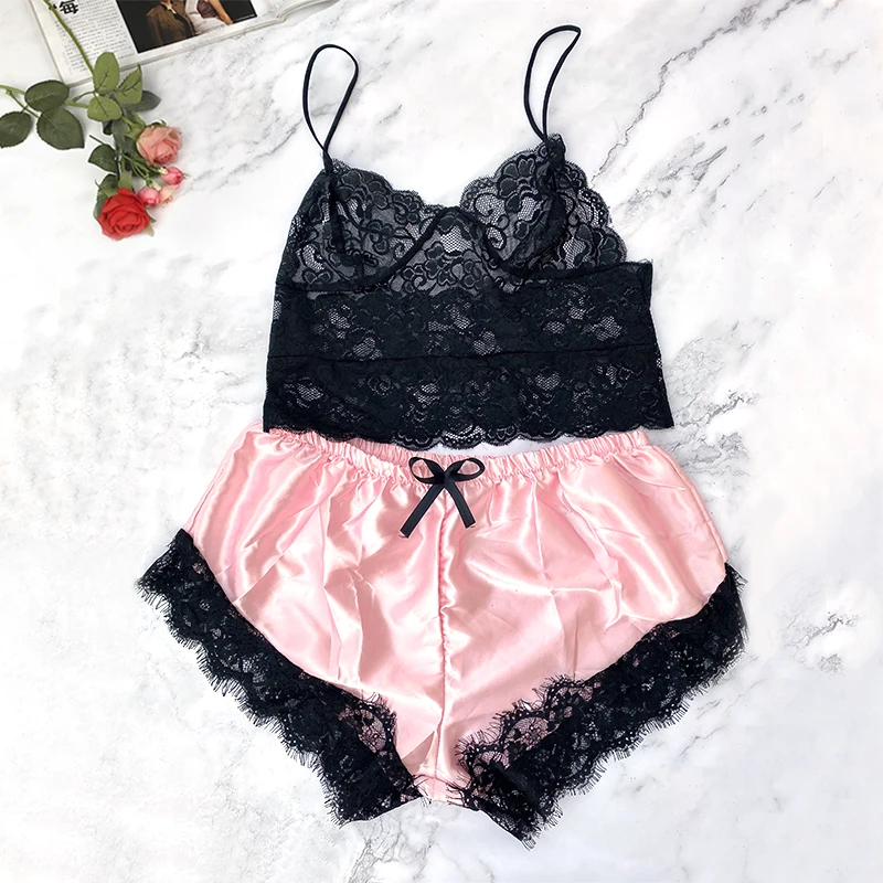 Two Piece Women 2020 Lace Pajama Set Sleeveless Crop Tops Elastic Bowknot Shorts Ladies 2pcs Sleepwear Home Clothes Nightie | Женская