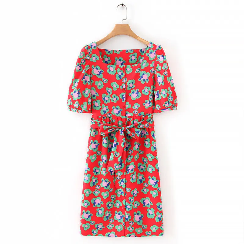 Женское винтажное платье с квадратным вырезом пышными рукавами цветочным