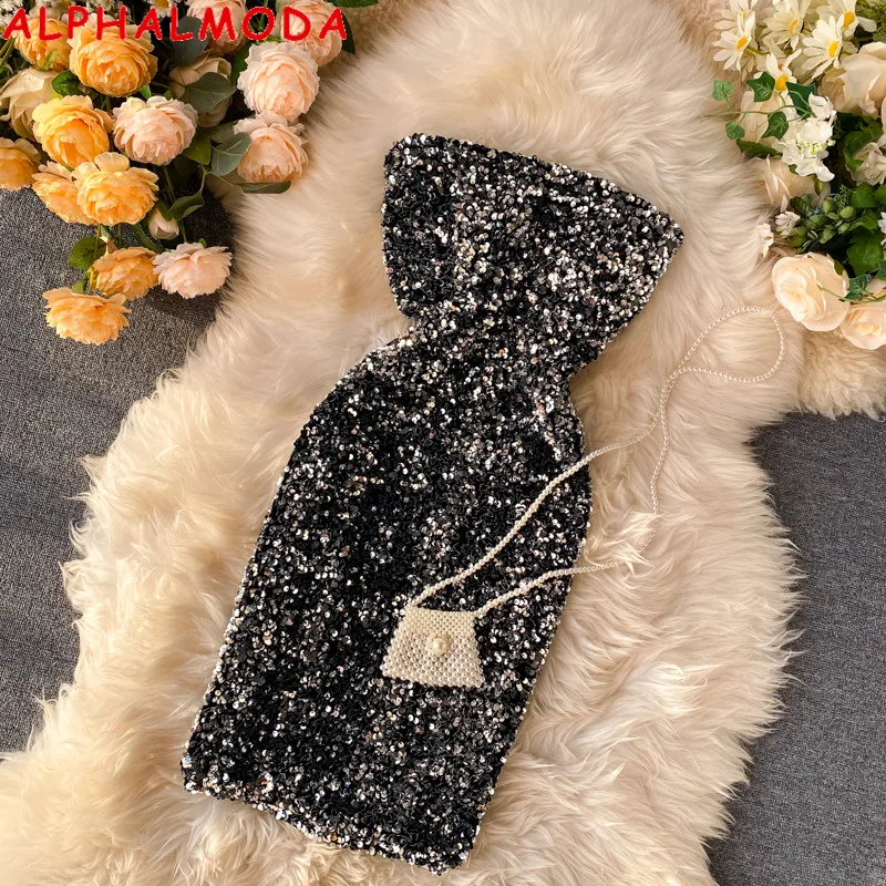 ALPHALMODA 2020 вечерние платья с блестками шикарные пуловеры без бретелек платье