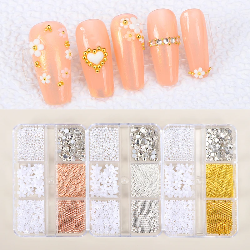 

1 Box Flower Nail Decoration Stones Set Rhinestones Nail Art Jewelry Design Metal Caviar Nails Pearl Manicure Diy Tips