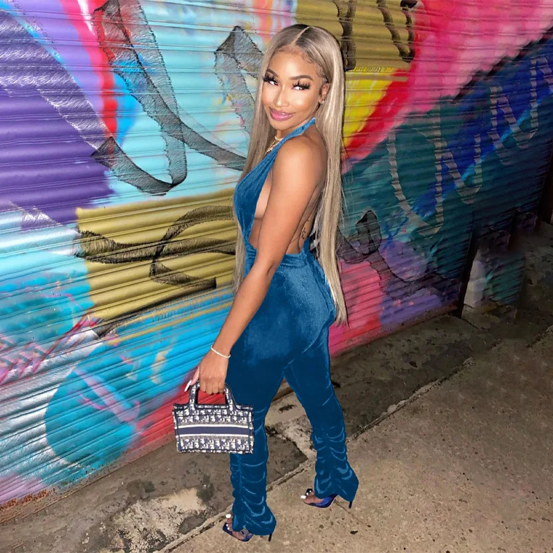 

Сезон 2020, бархатный облегающий Боди без рукавов с открытой спиной и рюшами, модный сексуальный женский комбинезон на осень и зиму, ASJU82397