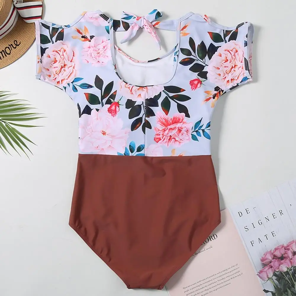 Женский слитный купальник с принтом бикини короткими рукавами на бретельках