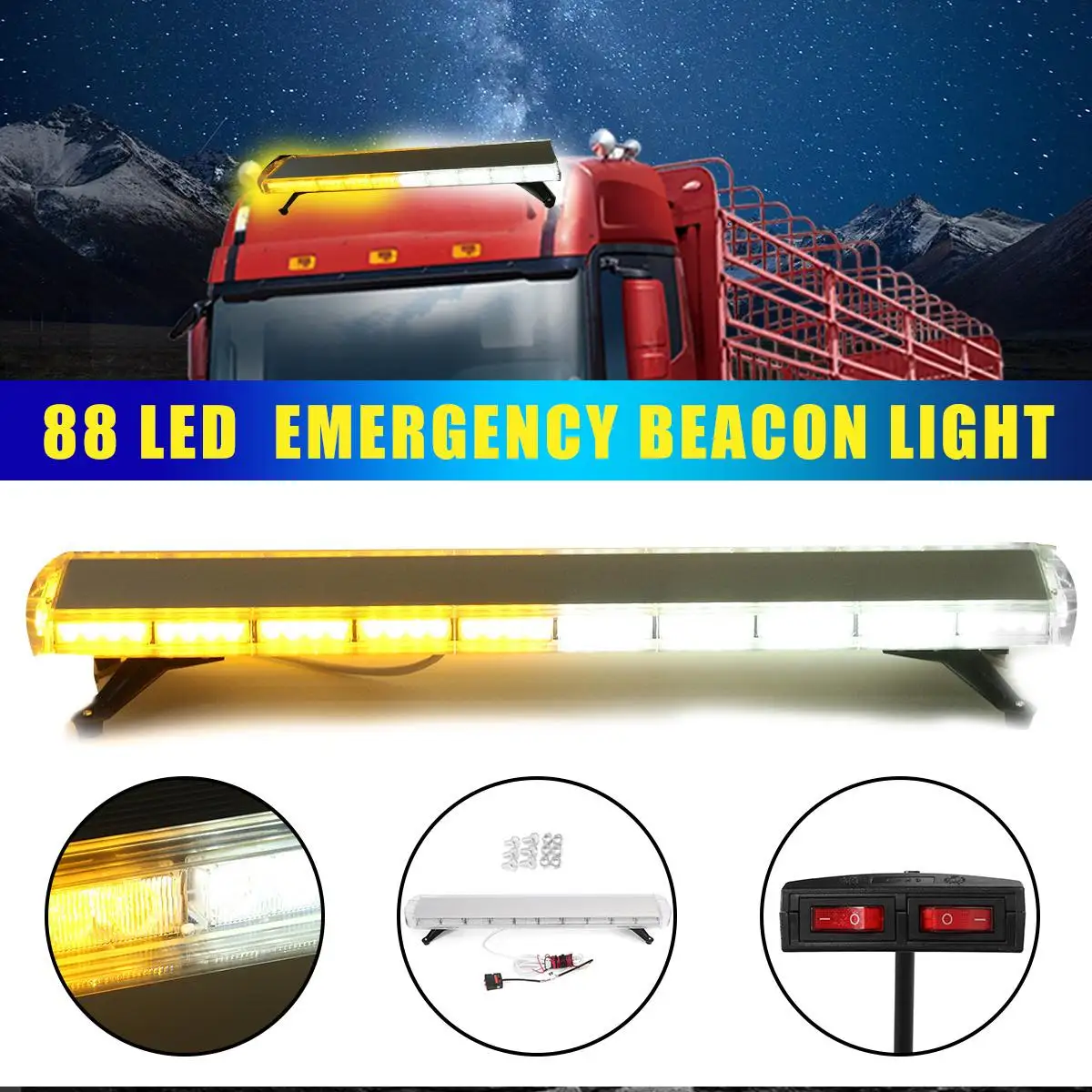 

47inch 88LED Universal Led Emergency Flashing Beacon Lights 12V-24V Car Truck Strobe Light Bar Roof Warning Light Amber/White