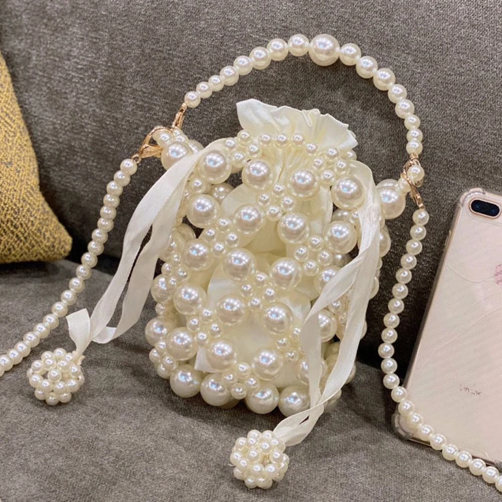 

Multi-Function Storage Drawstring Satin Pearls Bag Makeup Brush Woven Panelled Beaded Tote Purses Portable Dresser Storage Bag