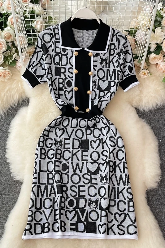 

French temperament retro knitted dress female summer port chic light cooked wind waist was thinner Polo collar a-line skirt