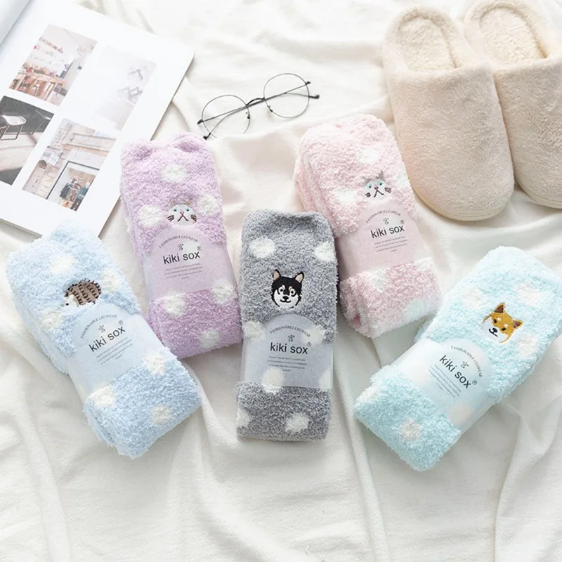 

Зимние теплые длинные носки до бедра из кораллового флиса, женские моделирующие чулки с животными для девочек, милые Гольфы с волнистыми то...