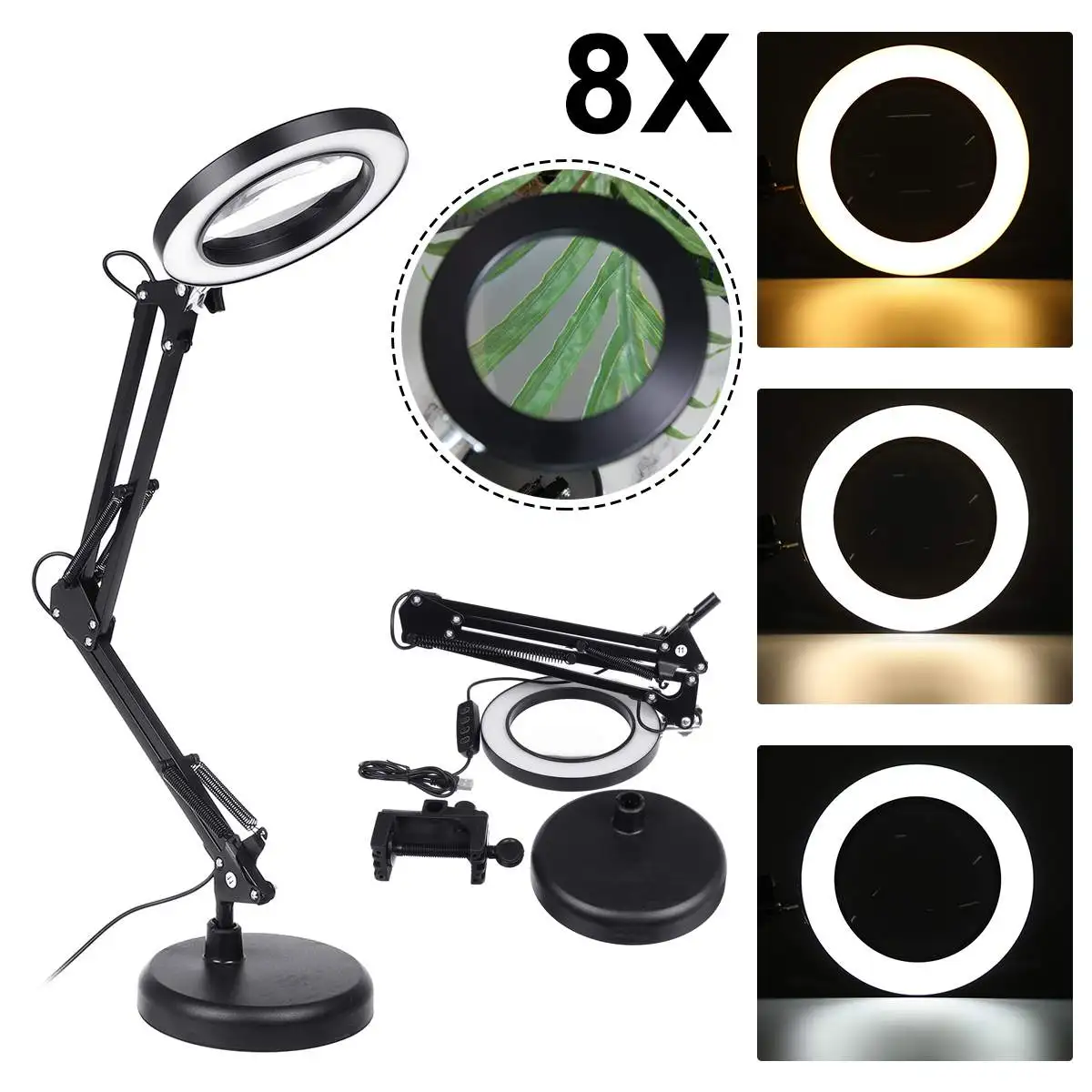 

8X Лупа Стекло с Светодиодный Светильник Зажим белое теплое затемнение сварки обслуживание чтения Красота Маникюр USB лампа