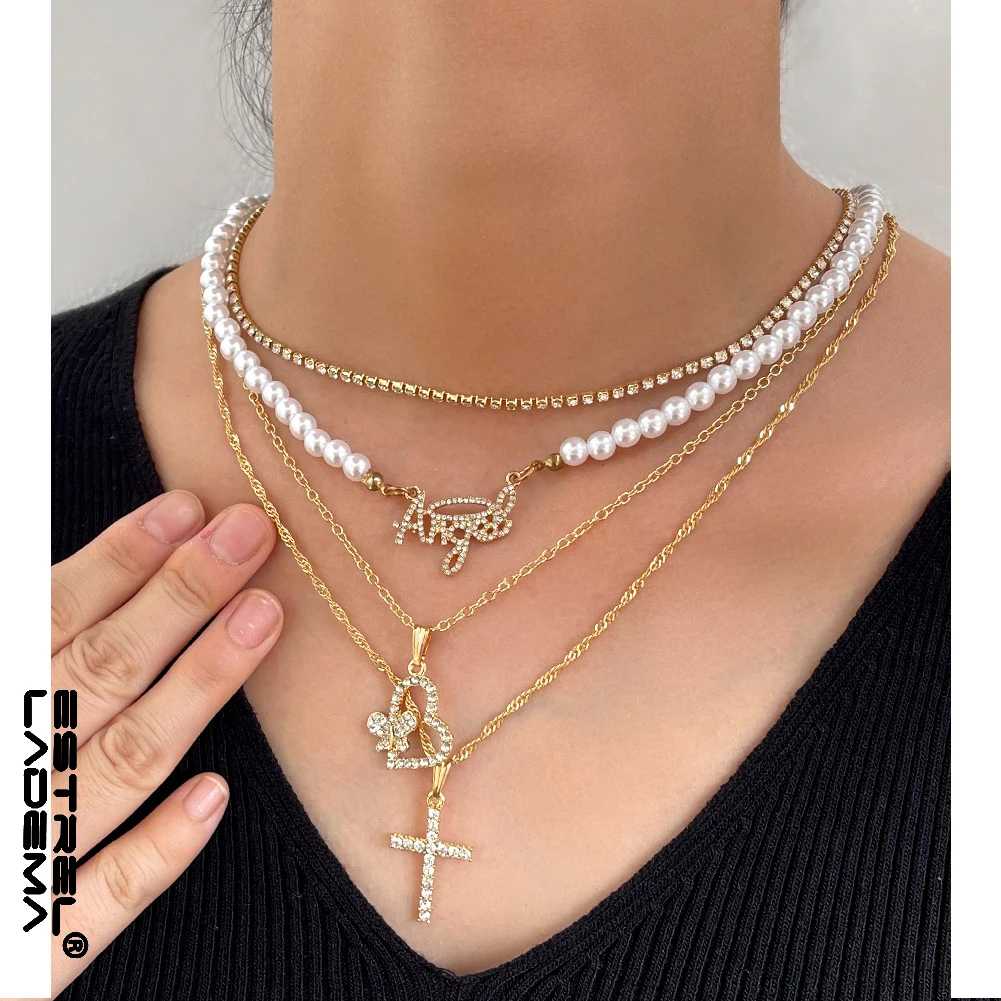 

Trendy White Pearl Beaded Choker Angel Letter Necklace for Women Layered Cross Butterfly Clavicle Chain Collar Statement Jewelry