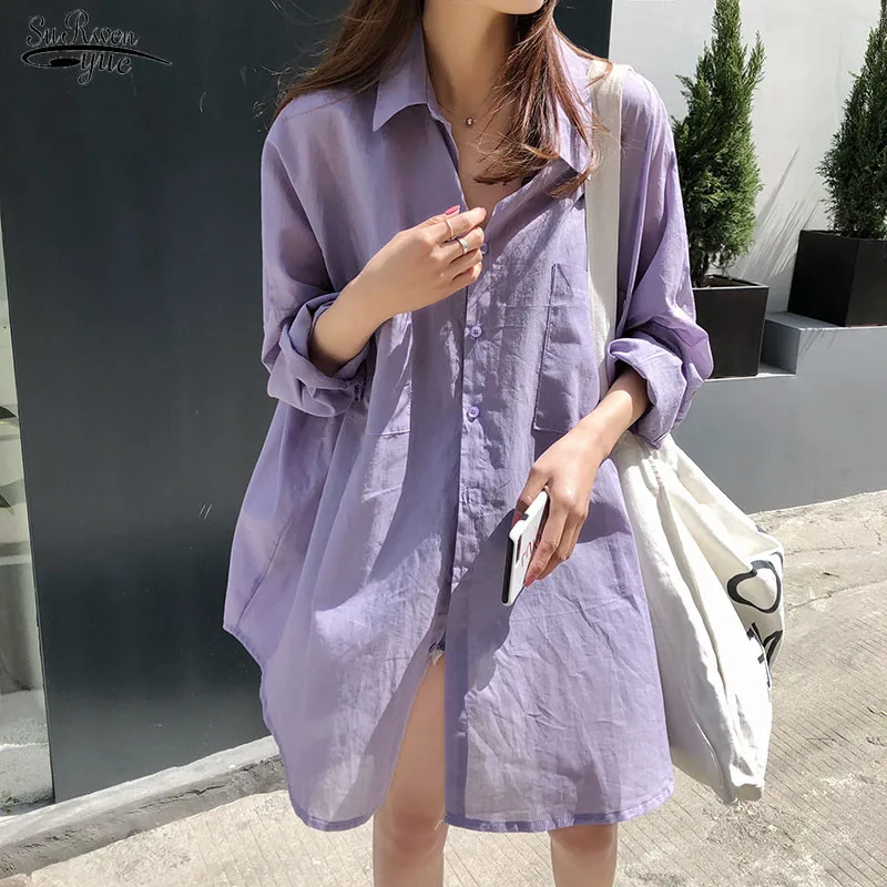 

Summer New Clothing Breathable Blouse Blusas Sun-Proof Shirt Women Korean Lady Loose Long Top Solid Sleeve 9910 Purple Thin Wom