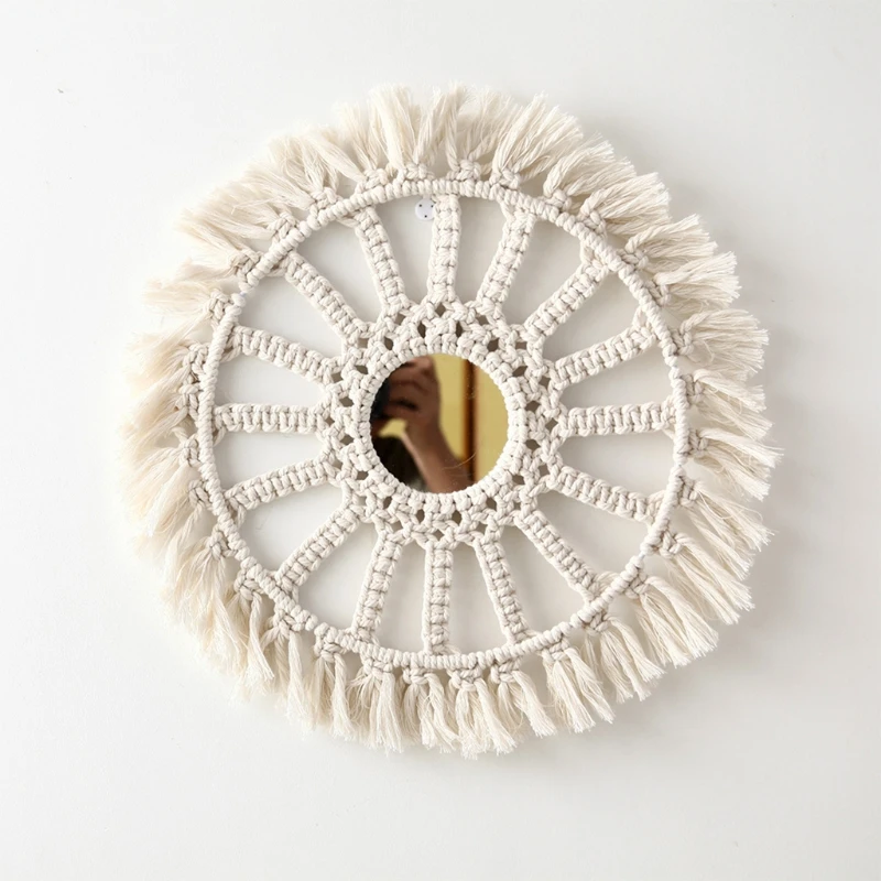 

Hanging Wall Mirror with Macrame Fringe Round Boho Mirrors Art Decor for Entryways Apartment Living Room H051