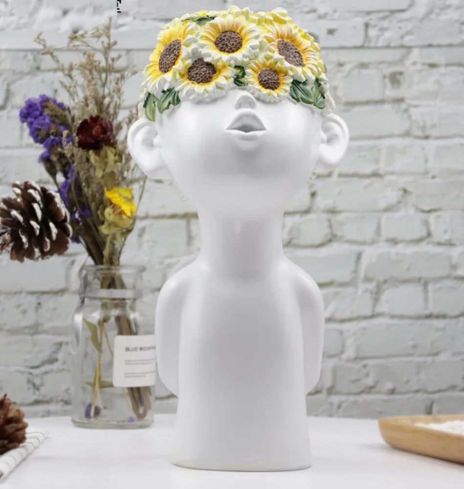 European Style Simple Resin Portrait Sculpture Flower Boy Study TV Cabinet Crafts Creative Figure Statue Home Decor