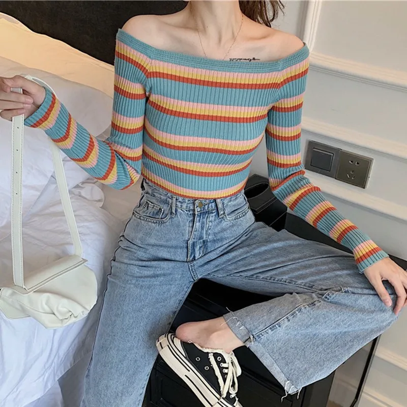 

New Fashion Women Sweater Autumn Winter Stripes Print Slim Long Sleeved One Word Collar Slim Bottom Knit Sweater
