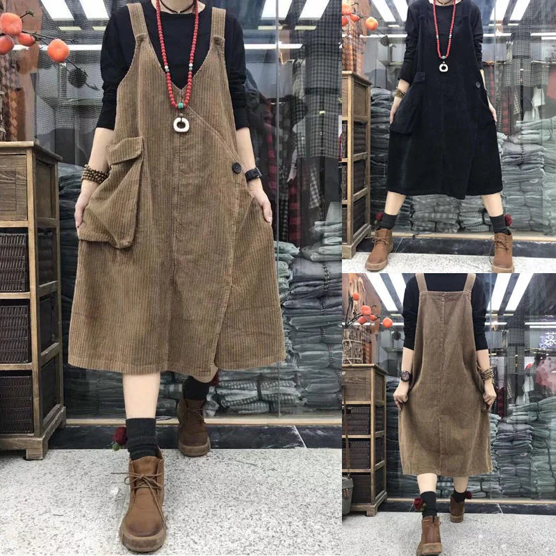 

Autumn And Winter 2021 New Corduroy Strap Skirt Women's Loose Medium Length Slant Flap Art RETRO Show Thin Dress Women Vestido