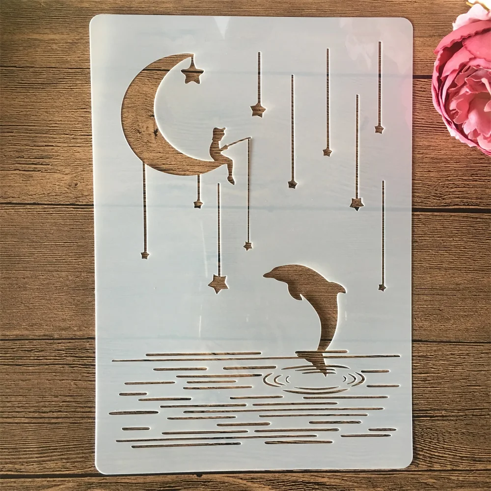 

A4 29cm Moon Fishing Dolphin Meteor DIY Layering Stencils Wall Painting Scrapbook Coloring Embossing Album Decorative Template