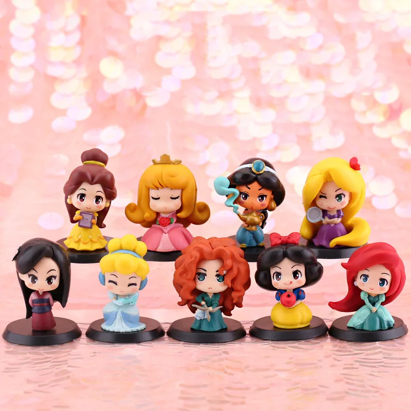 Набор из 9 фигурок действующих лиц кукол Disney Princess: Милые подарки для детей, включающие Аврору, Белль, Белоснежку, Мулан, Моану, Рапунцель.