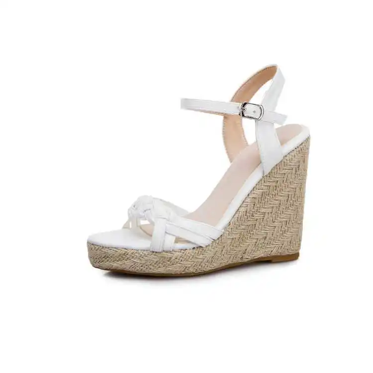 

2021 summer new sandals grass weave slope heel woven women's shoes with buckle, size 40-50 shoes