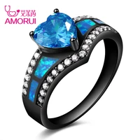 amorui vintage black gold color rainbow purple green blue cz stone heart wedding rings for women fashion opal ring jewelry gift