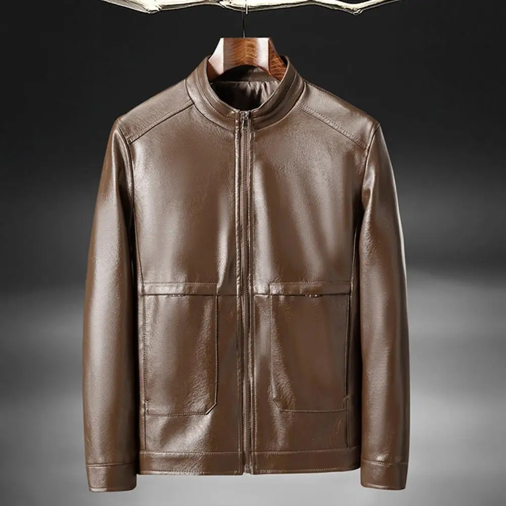 

Hot ！！！Motorcycle Windbreaker Zipper Closure Comfortable Men Jacket Stand Collar Faux Leather Solid Color Slim Motorcycle Jacket