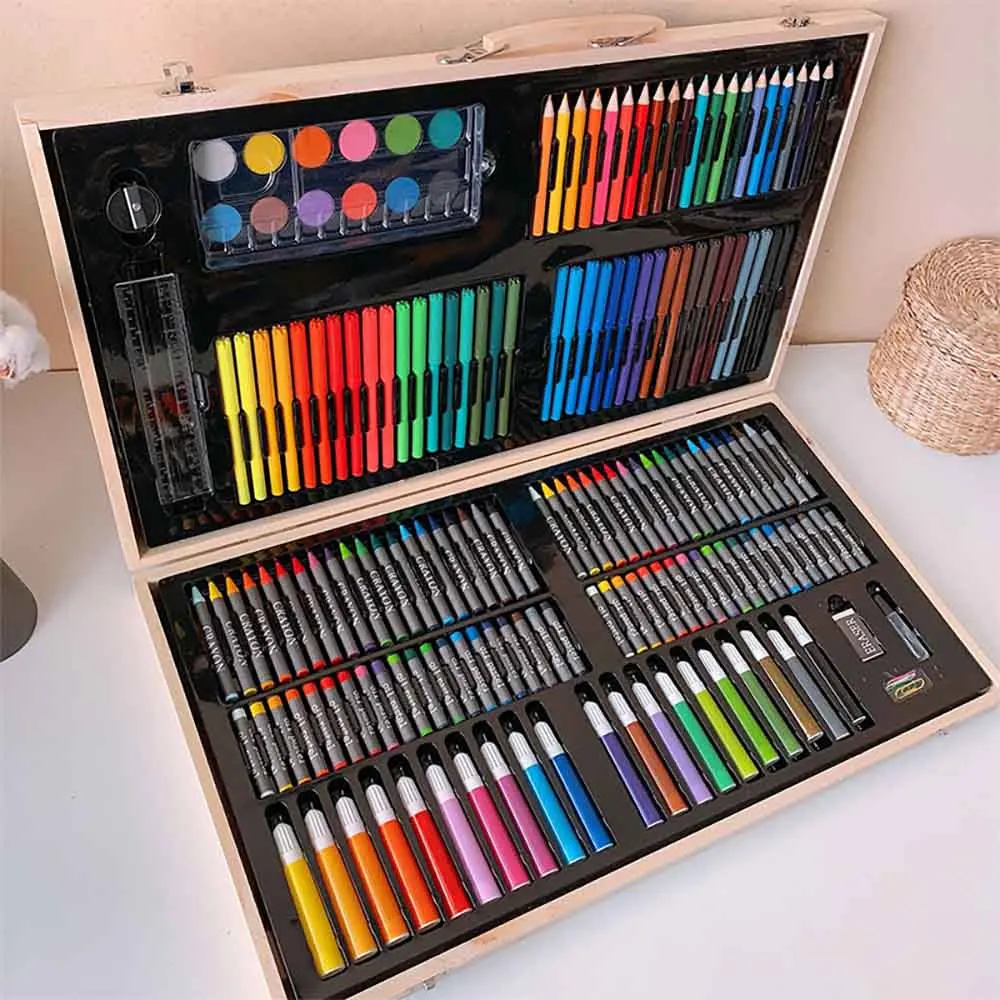 

180 Pieces Art Drawing Sets Set Children'S Painting Wooden Box Watercolor Pen Crayon Art Colored Pens Set Gift For Children Kids
