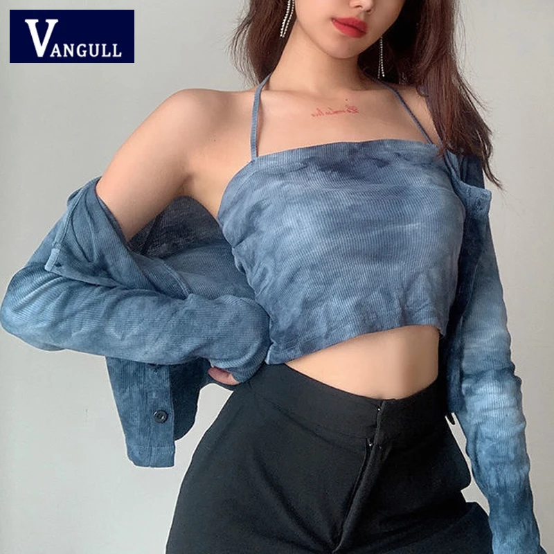 

Vangull комплект из двух предметов с галстуком, синяя кофта и кардиганы, вязаные топы, женский весенний пикантный комплект с бретелькой через ш...