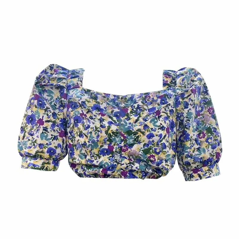

GALCAUR Print Slim Shirt For Women Square Collar Puff Short Sleeve Hit Color Ruched Blouses Females Fashion Clothing 2021 Summer