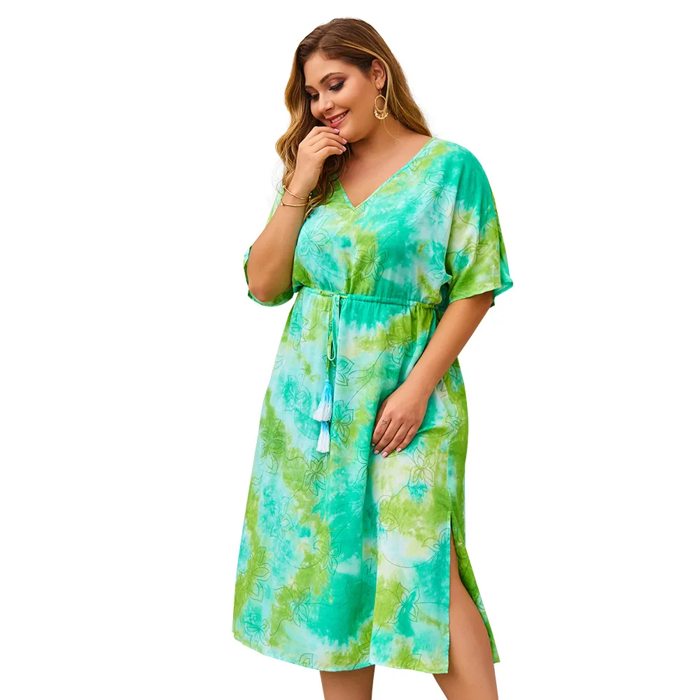 

DOIB Women Tie Dye Dress Plus Size Short Sleeve V Neck Split Dress Large Size Dress 2021 Summer Fashion Dress