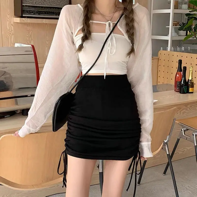 Elegant Mini Skirts Womens Club Party Night Lace-up Skirt Solid Pleated Female Street Natural Factors Casual Skirts 2022 Spring