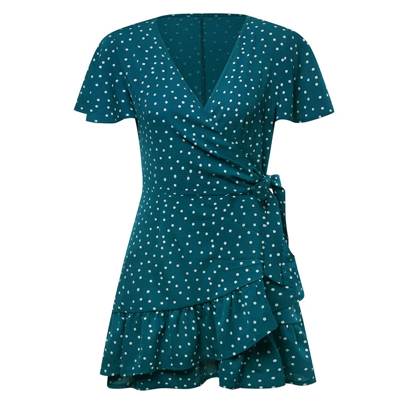 

CN 2020 Summer V Neck Short Mini Dresses Women A Line Ruffles Party Dress Elegant Polka Dot Women Dress Wish Sashes