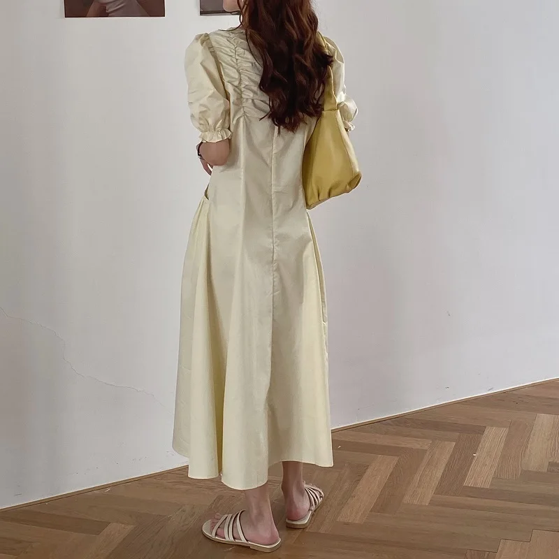 

Sweet Elegant Temperament Fold Design Puff Sleeve V Neck Femme Robe Spring Summer 2021 Simple Solid Slim Waist Long Vestidos