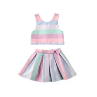 summer toddler baby girls clothes vest tops tutu skirts party colorful rainbow striped outfits sets
