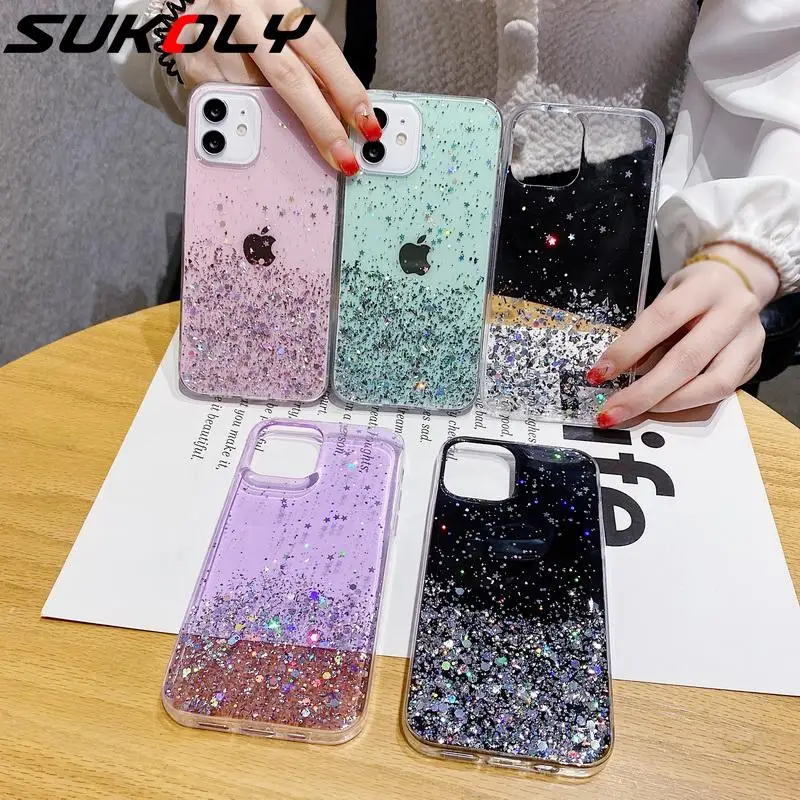 

For iPhone 13 12 Mini 11 Pro Max 8 7 6 6S Plus SE 2020 Bling Glitter Stars Epoxy Rubber Case Transparent Soft Silicone Cover