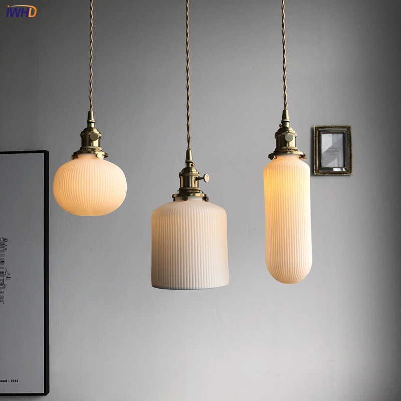 Modern Nordic LED Pendant Lights With Ceramics Ball Lampshade Switch Copper Hanging Lamp Fixture Home Lighting Bar Restaurant