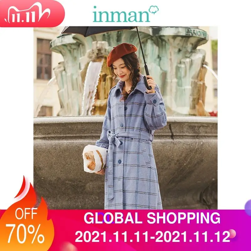 

INMAN , осень 2019, Новое поступление, овечья шерсть , Ретро стиль, плед, отложной воротник, подходит ко всему, женское длинное шерстяное пальто