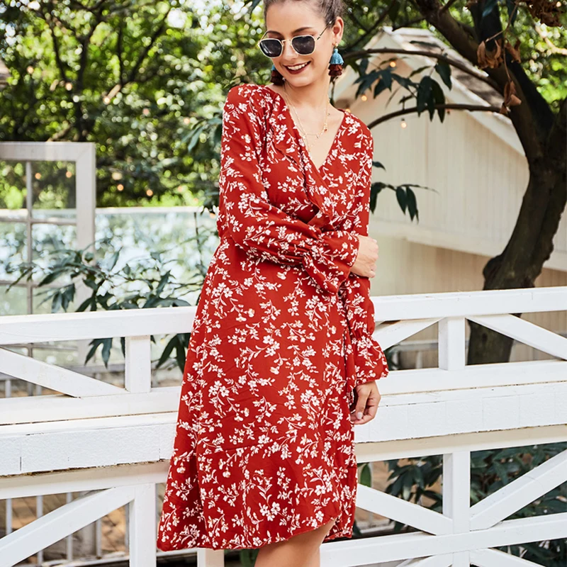Весеннее платье с цветочным принтом сексуальное v-образным вырезом и