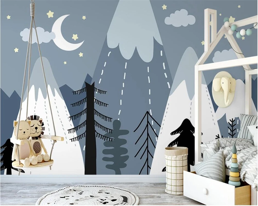 Обои для детей скандинавский горный пик звездное небо лес дети современный фон