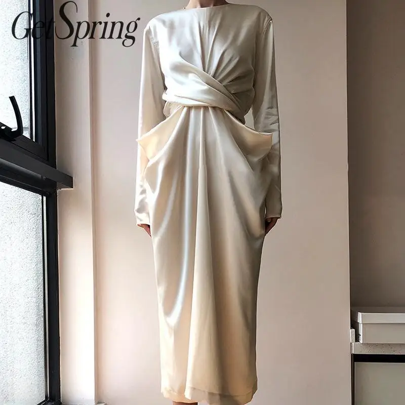 Getвесеннее женское платье с длинным рукавом и узлом винтажные платья морщины