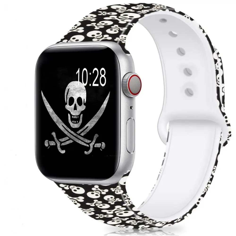 Skull Ленты с цветами для Apple Watch 38 мм 40 мм 42 мм 44 мм, леопардовые силиконовые Печатные Сменные браслеты для iWatch серии 5 4 3 2 - Цвет ремешка: Skull